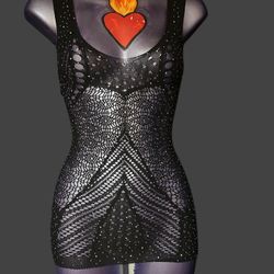 black fishnet mini dress/ lingerie dress with matching  fishnet thigh highs with rhinestones  