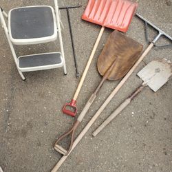 Cosco Step Stool,  Snow Shovel,  Square Shovel,  Round Shovel. Water Meter Shut Off Wrench,  Squeeze 