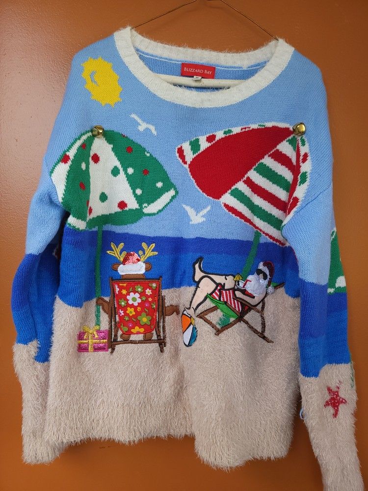 Blizzard Bay Santa clause and Rudolph chillin at the beach ugly Christmas sweater medium 