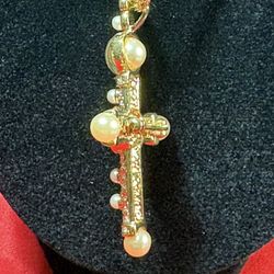 Camrose Kross Necklace JBK Faux Pearl Cross In Box Gold Tone Royal 18"+3.5” Ext