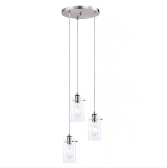 Hampton Bay

Regan 3-Light Brushed Nickel Pendant Hanging Light with Clear Glass Shades, Industrial Kitchen Pendant Lighting

