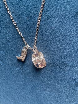 Silvertone, cowboy theme, cowboy hat and cowboy boots, pendant and Necklace 18 inches MPU