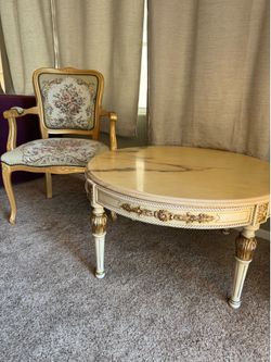 French Louis XVI Marble Top Coffee Table + Chair /Set