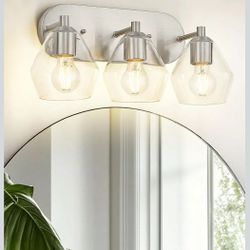 (Brand New in Box) 
Emak Brushed Nickel Bathroom Lights with Clear Glass Shade, Modern 3 Light Vanity Light for Bathroom, VL129-BN-CG-3 /A10-WS-4849