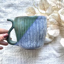 Handcrafted Pottery Blue/Green Coffee Cup Textured Two-toned Signed 16oz