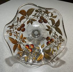 Antique Goofus Glass Pedestal Ruffled Bowl. Intaglio Cherry Pattern. Early 1900S.