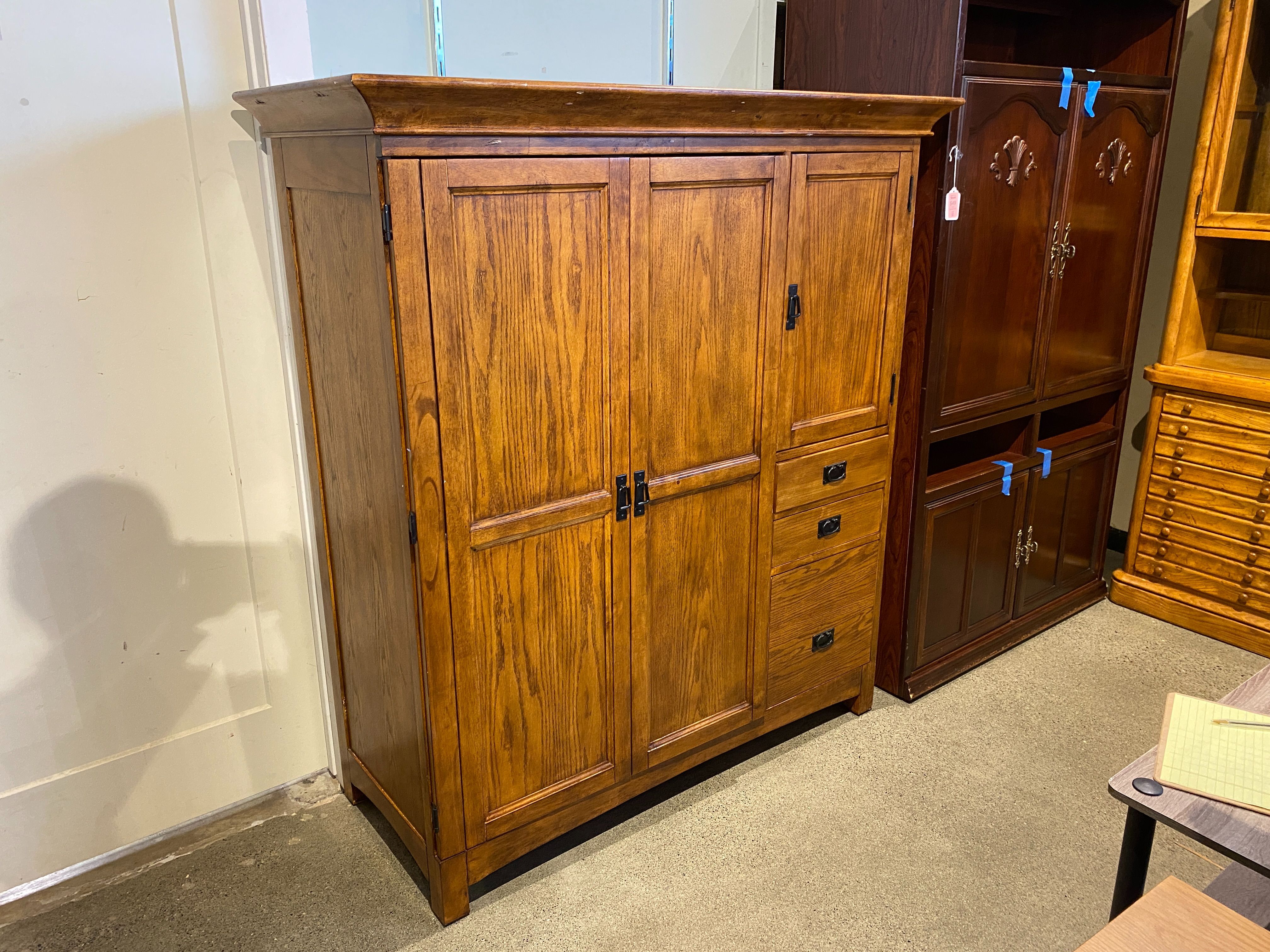 Mission Style Computer Armoire with Drawers and Shelving