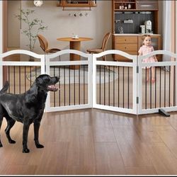Foldable Freestanding Indoor Dog Gate for Doorways Wooden White Pet Gate, 4 panels