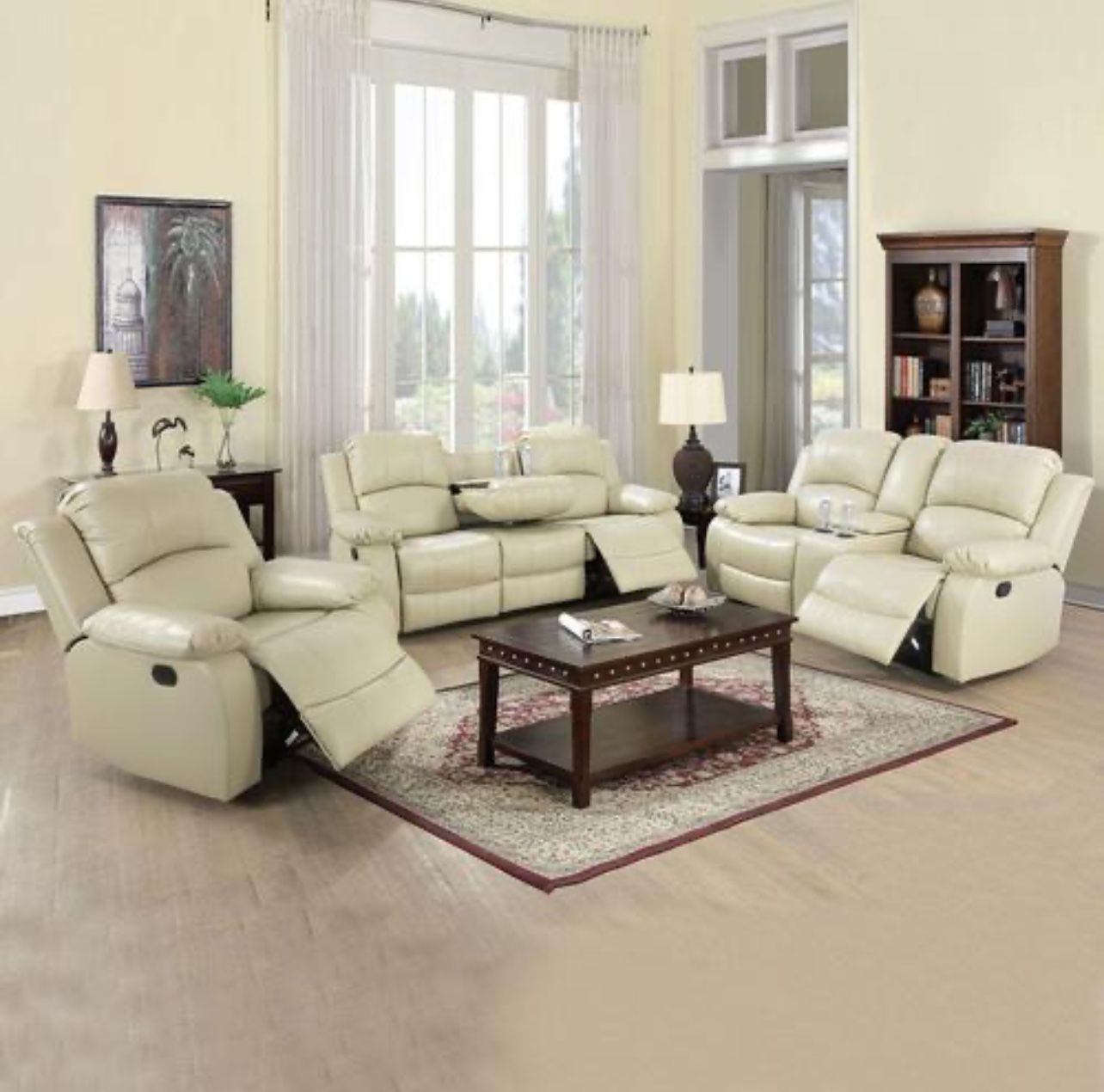 New Beige Leather 3-Piece Reclining Living Room Set with Center consoles W/Cup Holders (Sofa, Loveseat And Recliner chair)