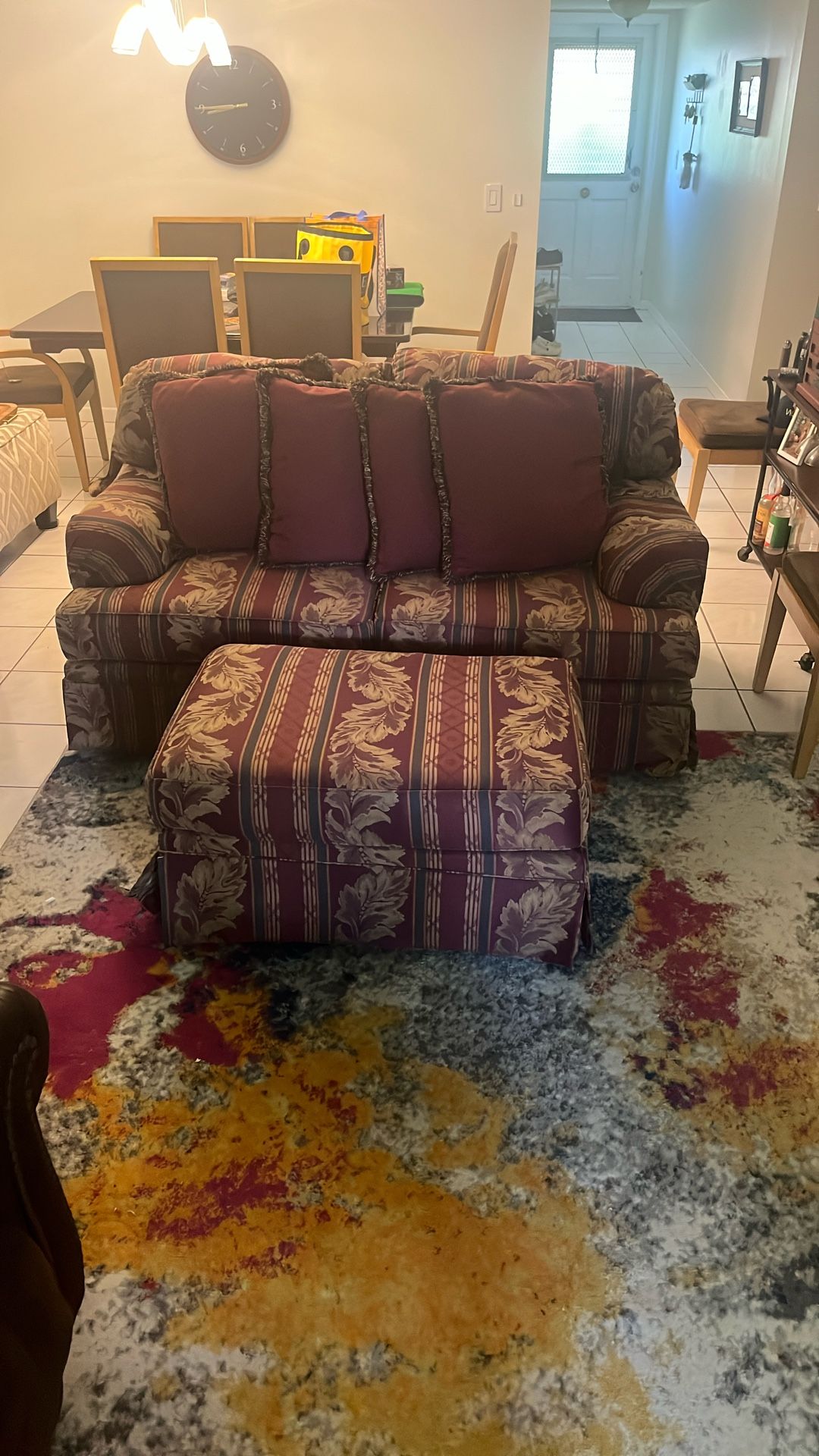 Vintage red fabric, Gold Leaf Couch W/ Ottoman