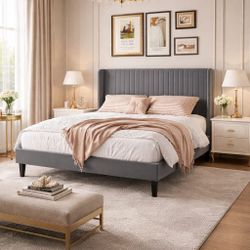Queen Bed ed Frame,Headboard Upholstered Platform BedFrame with Wingback, Elegant Simplicity, No Box Spring Needed, Solid Oak Wood Feet, Cr