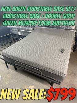 NEW QUEEN ADJUSTABLE BASE SET/ADJUSTABLE BASE + DOUBLE SIDED QUEEN MEMORY FOAM MATTRESS 