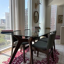 ARTICLE: Emmer 71” Glass Dining Table In Walnut With Set Of 4 Nosh Dining Chairs In Green