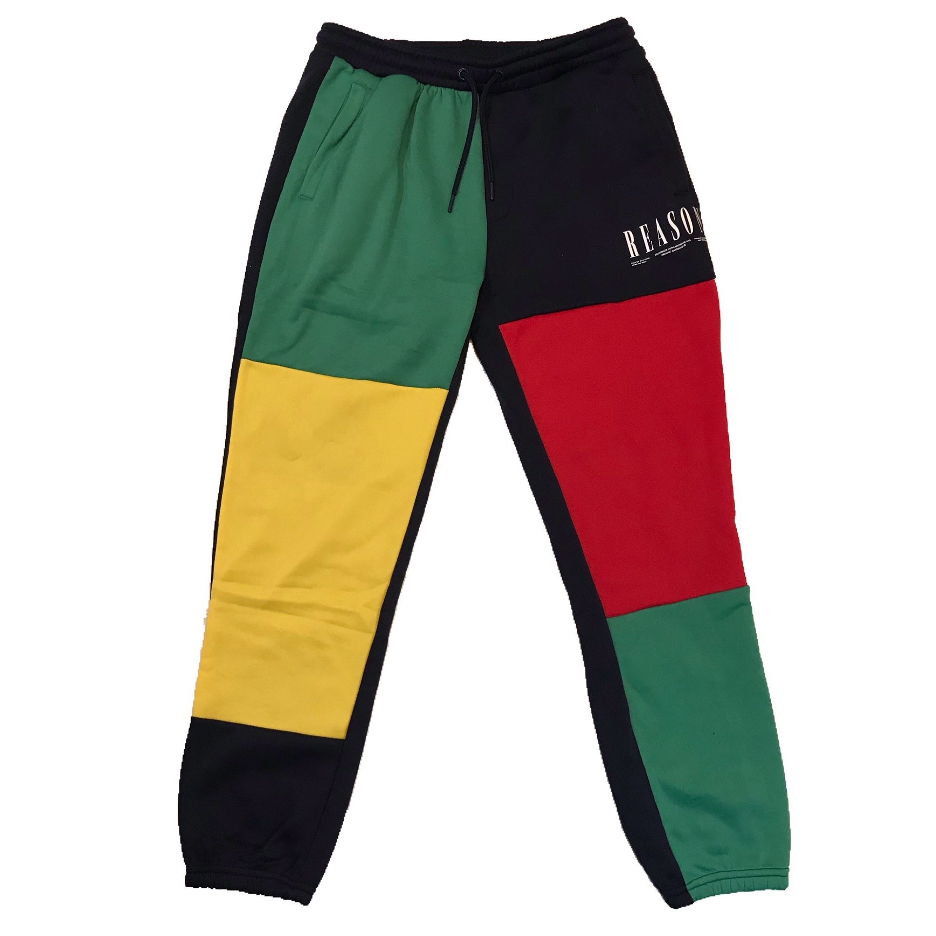 Men’s “Reason” sweat pants. Sizes S, M, and L. The colors are navy, green, yellow, and red.