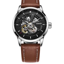 CUBAOER Automatic Skeleton Watch Brown Leather Band