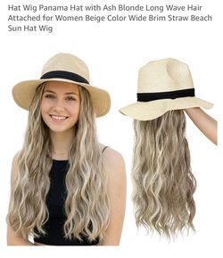 Hat Wig Panama Hat with Ash Blonde Long Wave Hair Attached for Women Beige Color Wide Brim Straw Beach Sun Hat Wig