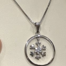 Pendant necklace Silver ,1” Snowflake moves on round Pendant with CZ,17” chain
