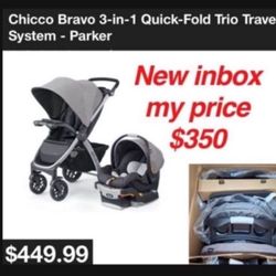 New in box  Bravo® 3-in-1 Trio Travel System combines the full-size Bravo® Quick-Fold Stroller with the top-rated KeyFit® 30 Infant Car Seat for strea