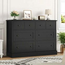 8 Drawer Horizontal Combo Dresser for Bedroom, Modern Chest of Drawers Wood Storage Cabinet, Black.