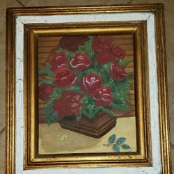VINTAGE WOOD GOLD GILD GILT FRAMED SIGNED CANVAS PAINTING STILL LIFE FLORAL FLOWER ROSE BOUQUET PICTURE ART DECOR