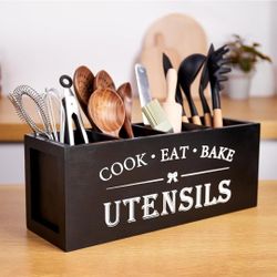 Tool Utensil holder for Kitchen Counter Large Round Utensils Holder with Wooden Base Matte Black Cooking Utensil Holder，Kitchen countertop Utensil Org