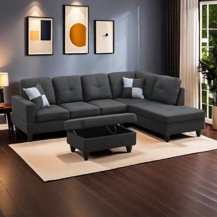 Black Grey Linen 3 Seater Sectional Sofa With Ottoman 