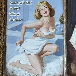 Lot of four 12 x 8 metal signs pin up Girl bathroom bath