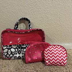 Travel Cosmetic Bags Pink Black White Set 3 Like New Hanging 