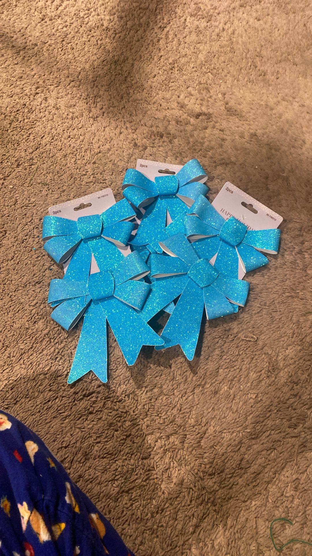 Christmas Decorative Teal Blue Shimmer Glitter Bow , Set Of 3