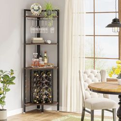 4-Tier Corner W-ine Rack with Glass Holder & Storaye Shelves