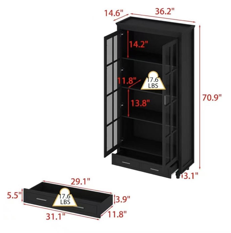 😀 ECACAD 36.2”L x14.6Wx70.9”H Bookcase Storage Cabinet with Glass Doors & Drawer, 3-Tier Wooden Bookshelf Display Cabinet for Living Room,