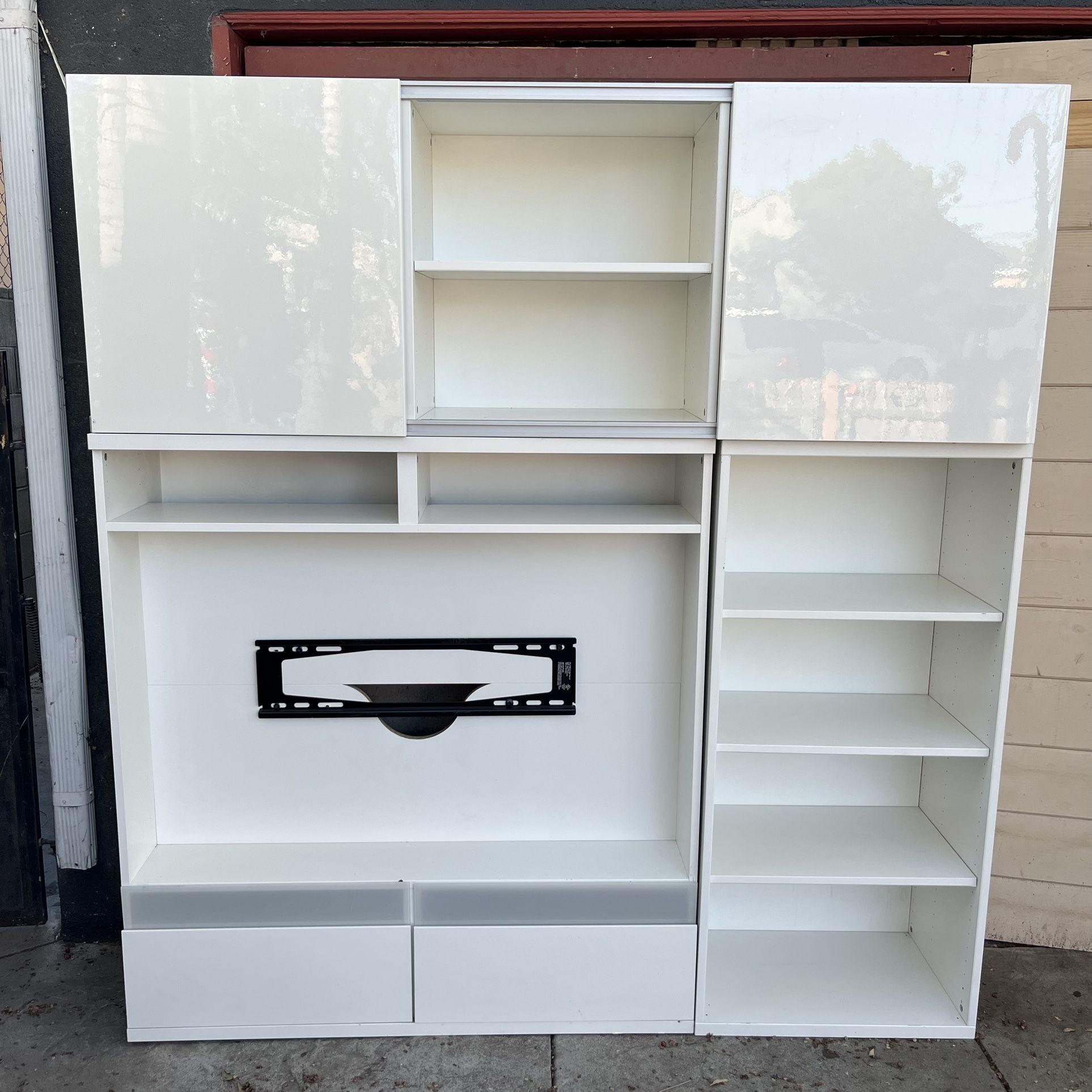 Used Entertainment Stand and Shelf Cabinet With Sliding Doors on top & Two drawers on the Bottom Multi-Use