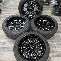 💥New 6x139 Wheels Used Tires 22x12 Cali Vortex 33” M/T Chevy GMC Silverado Tahoe Sierra Ram Tundra 