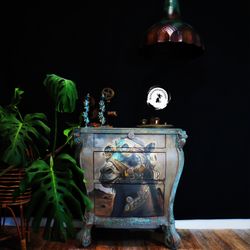 Steampunk oversized Night stand, 3 drawer  dresser Painted old World Inspired storage. Bedroom Storage dresser. Colorful Entryway chest of drawers . W