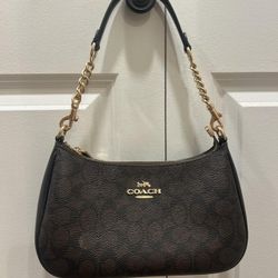 Coach bag Signature C Brown Baguette Shoulder Bag Gold Chain