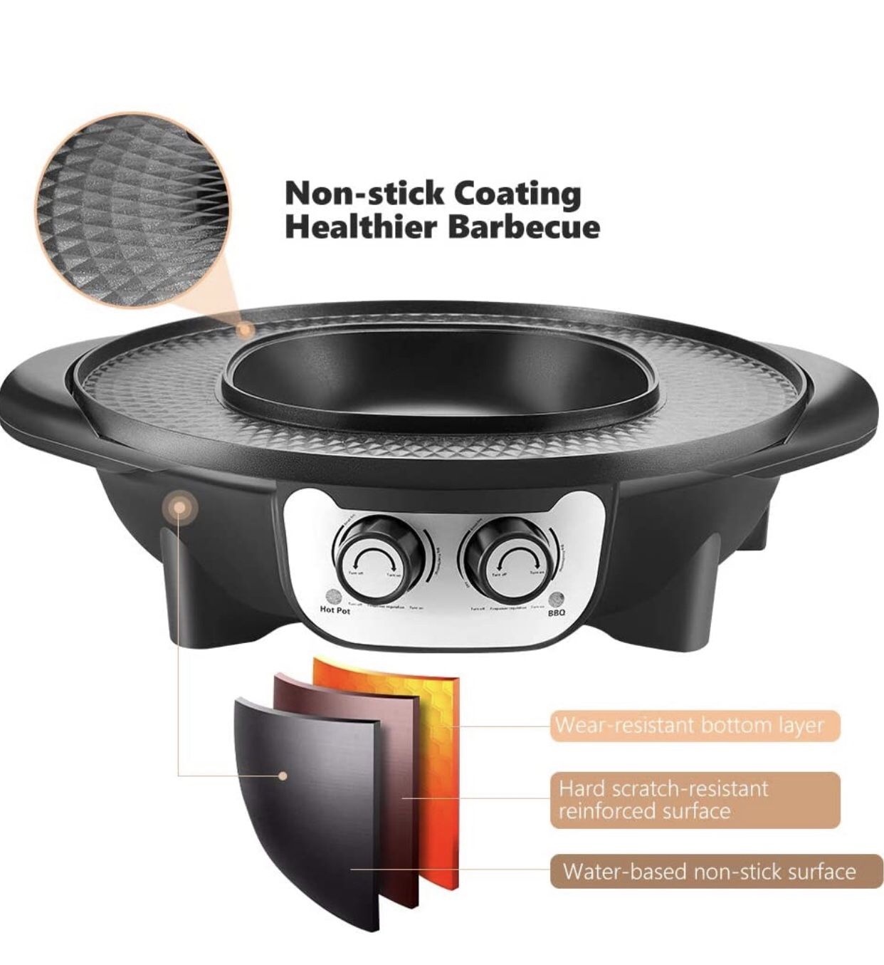 2 in 1 Portable Electric Grill Upgraded 2200W Electric Hot BBQ Pot for Indoor Outdoor Parties, Black