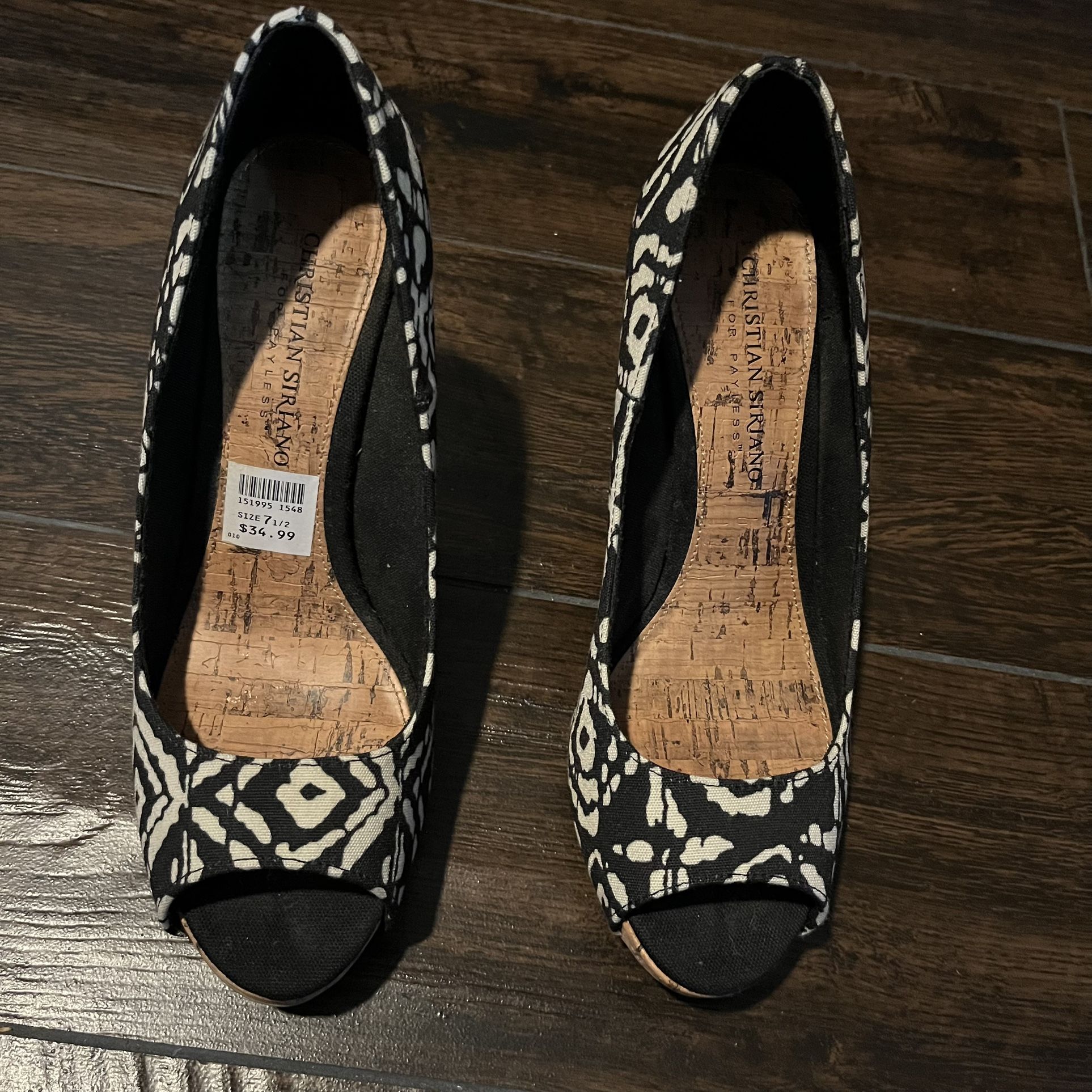 Women’s Size 7.5 Black And White Heels With Cork Heel