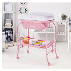 Cambiador de pañales 2 en 1 con unidad de bañera, estación de aparador de pañales plegable con ruedas, estante de almacenamiento de almohadilla imperm