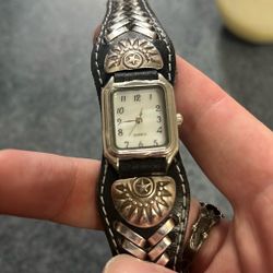 Leather And Sterling Silver Watch - Works!