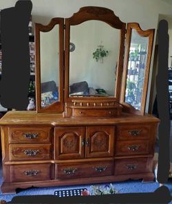 Vintage solid wood dresser with vanity