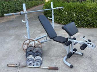 Complete Olympic 2” weight set (Adjustable bench/rack+barbell+EZ curl bar+185lbs)