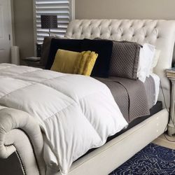 Living Spaces Queen Upholstered Sleigh Bed Frame – Elegant & Sturdy, No Mattress Included