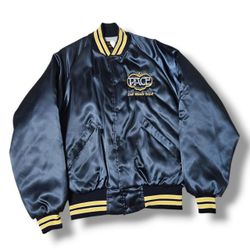 Vintage Dunbrooke Blue Satin Bomber Jacket Mens Large Snap DEL MONTE Made in USA Pla-Jac Brand