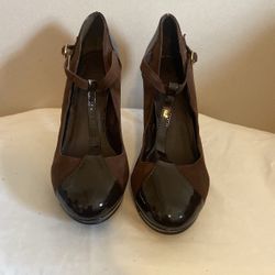 Kelsi Dagger 'Nikita' T-Strap Heels Chocolate Brown Suede Patent Leather Platform Heels Size 9