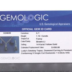 14k Yellow Gold Diamond & Smokey Topaz Earrings & Necklace W Cert 6g #31203B