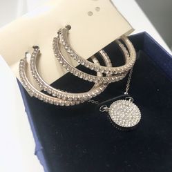 Brand new silver necklace and 2 new pairs of white cz hoop earrings