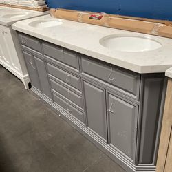 72” Grey Solid Wood Bathroom Vanity with Marble Top (V89)
