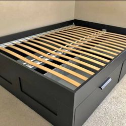 Beautiful IKEA Black FULL Sz Size Bedframe Bed Frame + 4 HUGE Under Sliding Drawers Storage + Headboard 