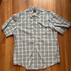 Large Timberland Blue and White Short Sleeve Button Up