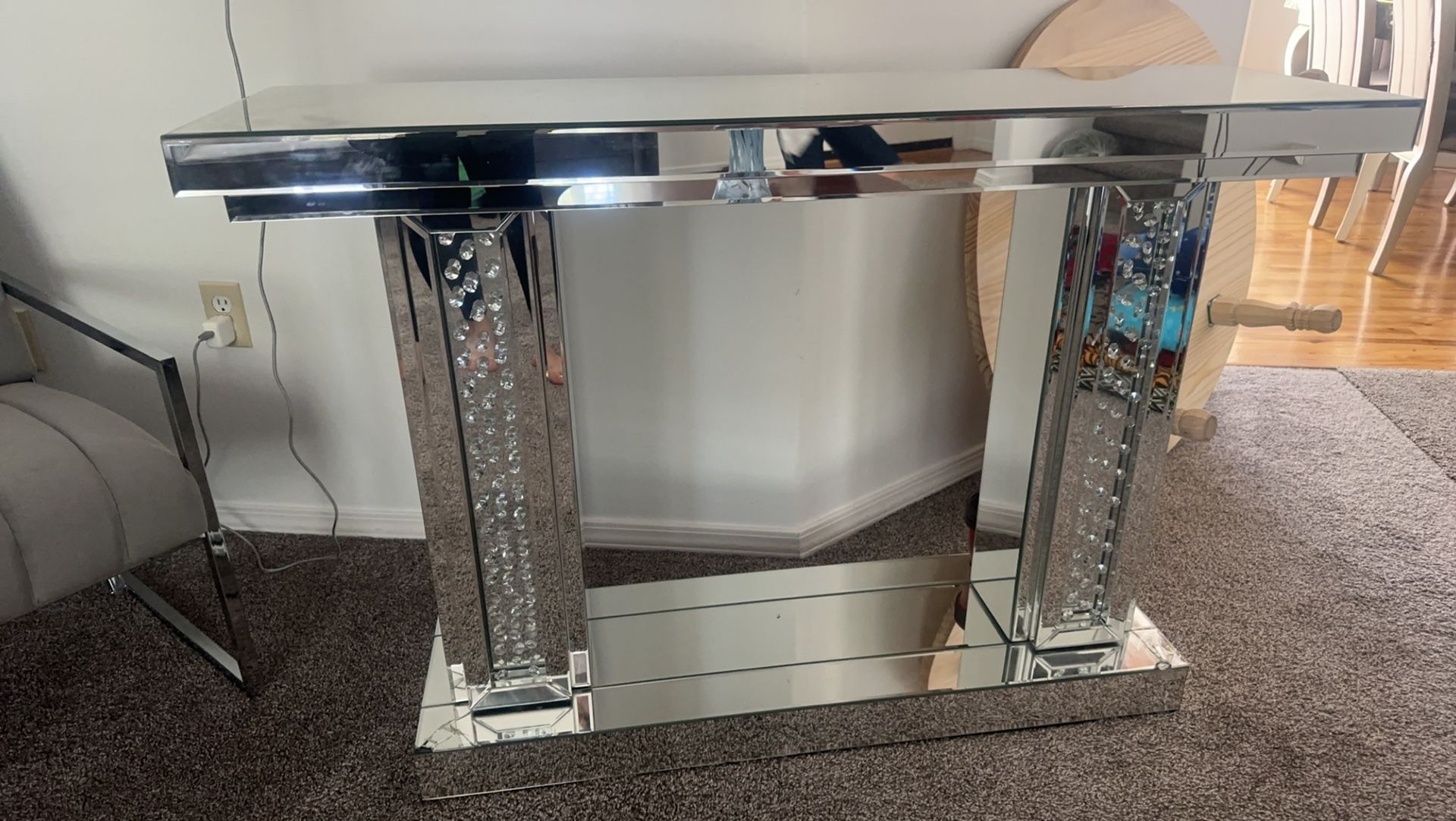 Acme Console Table in Mirrored and Faux Crystals Finish 